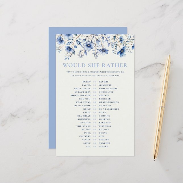 Blue Wildflowers Would She Rather Baby Shower Game (Front/Back In Situ)