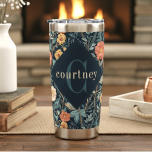 Blue William Morris Floral Elegant Monogram  Insulated Tumbler