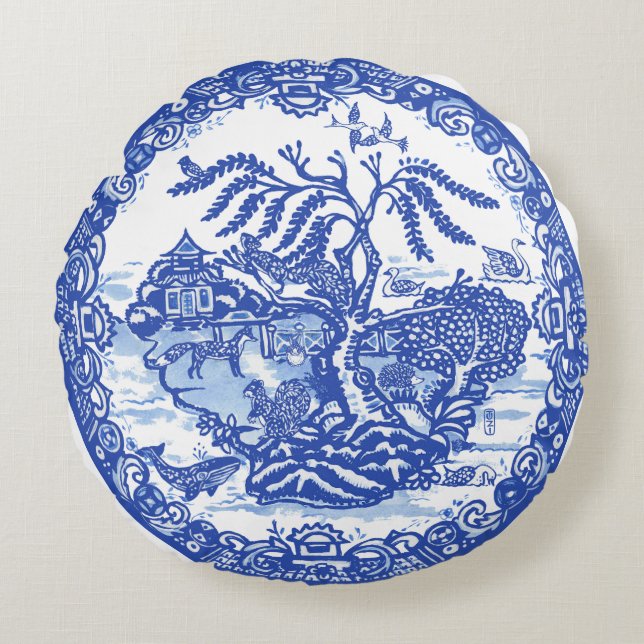Blue Willow Animal Pagoda Garden Scene Chinoiserie Round Cushion (Front)