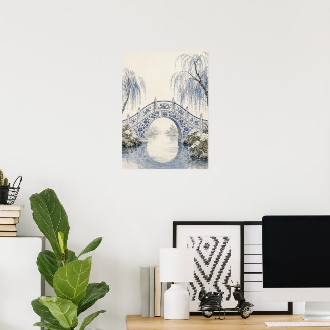 Blue Willow Bridge Serene Garden Poster (Home Office)