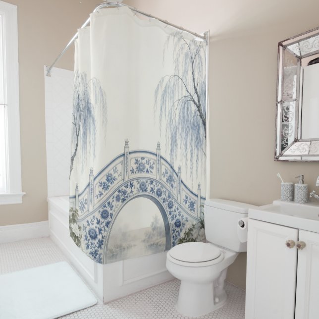 Blue Willow Bridge Serene Garden Shower Curtain (In Situ)