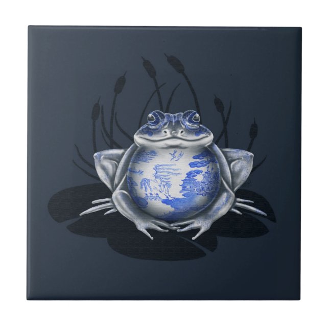 Blue Willow Bull Frog Ceramic Tile (Front)
