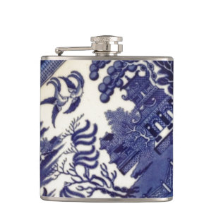Blue Willow China Plate Pattern Design Oriental Hip Flask