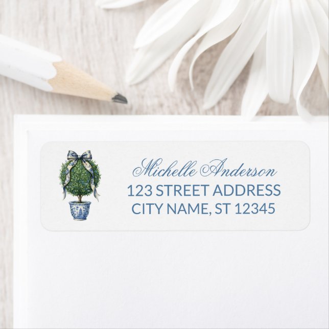 Blue Willow Chinoiserie Bow Topiary Return Address (Insitu)