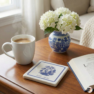 Blue Willow Chinoiserie Pagoda Custom Year 'EST.  Stone Coaster