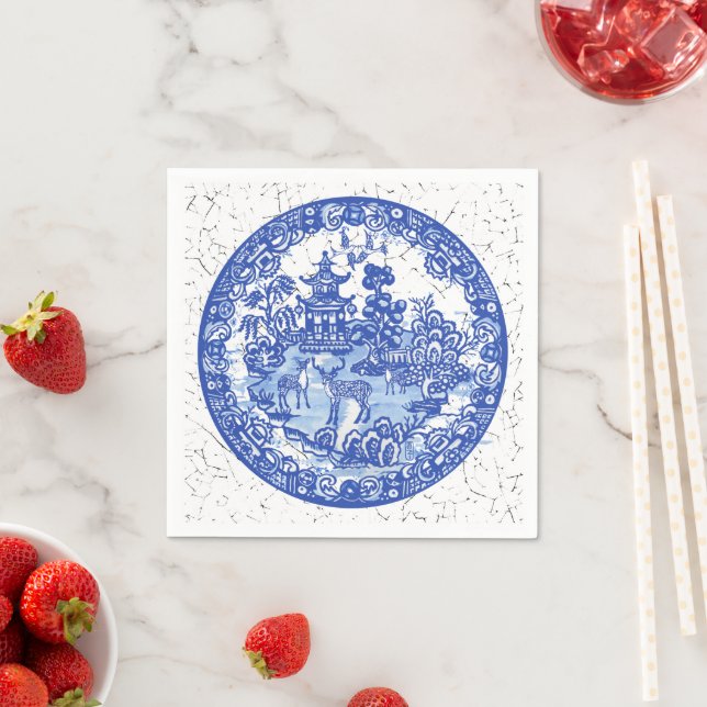 Blue Willow Deer Asian Temple Vintage Crackle Napkin (Insitu)