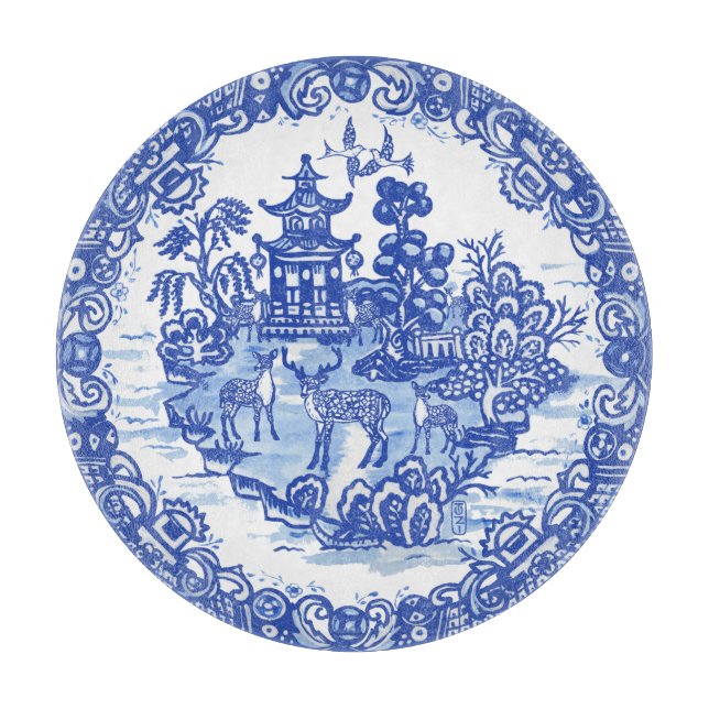 Blue Willow Deer Herd Antique Pagoda Phoenix Cutti Cutting Board (Front)