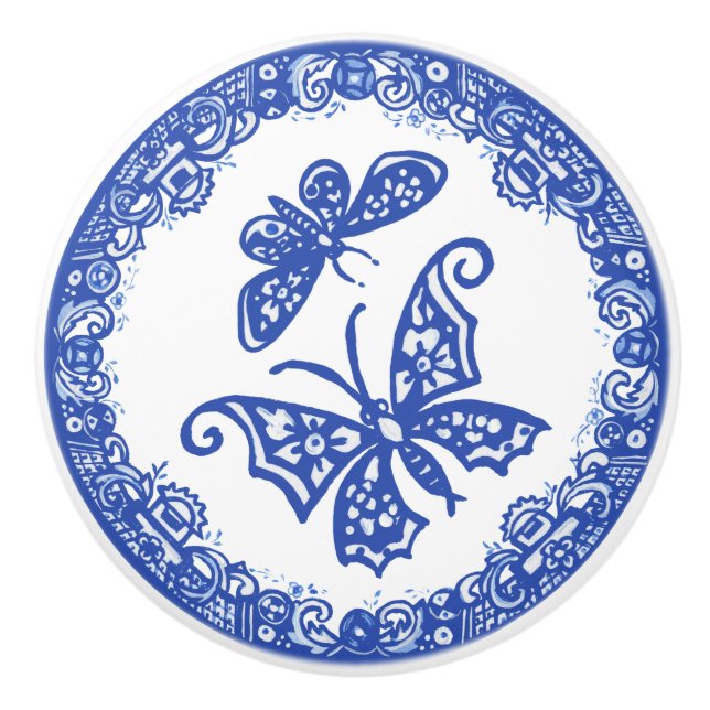 Blue Willow Design Floral Butterfly Design Unique Ceramic Knob (Front)