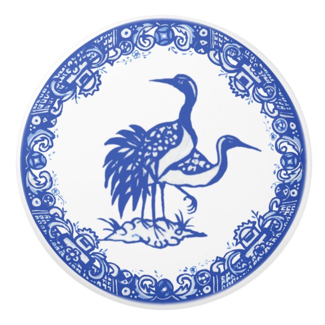 Blue Willow Design Floral Crane Pair Facing Right Ceramic Knob (Front)