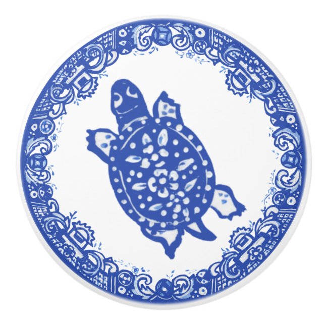 Blue Willow Design Spotted Turtle Cute Faces Left Ceramic Knob (Front)