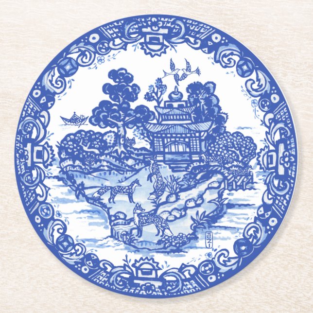 Blue Willow Fox Foxes Floral Antique Pagoda Bird Round Paper Coaster (Front)