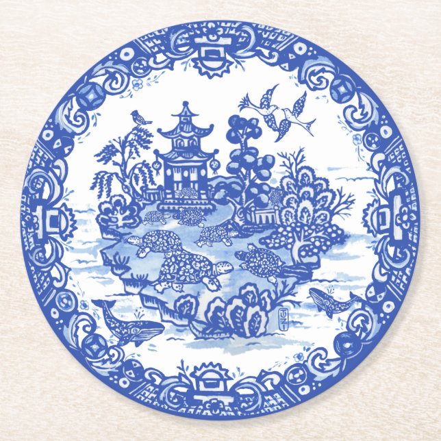 Blue Willow Isle of Turtles Whimsical Garden Round Paper Coaster (Front)