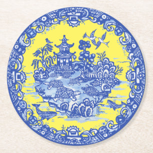 Blue Willow Isle of TurtlesYellow Garden  Round Paper Coaster