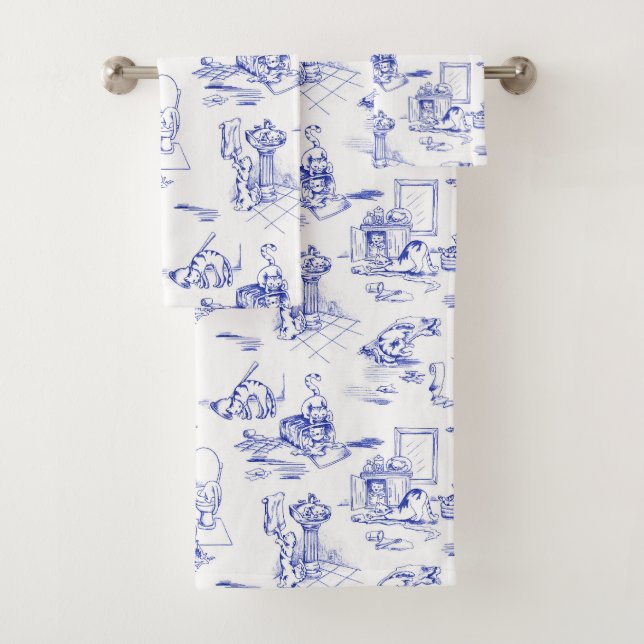 Blue Willow Kitty Cat Bathroom Toile Bath Towel Set (Insitu)
