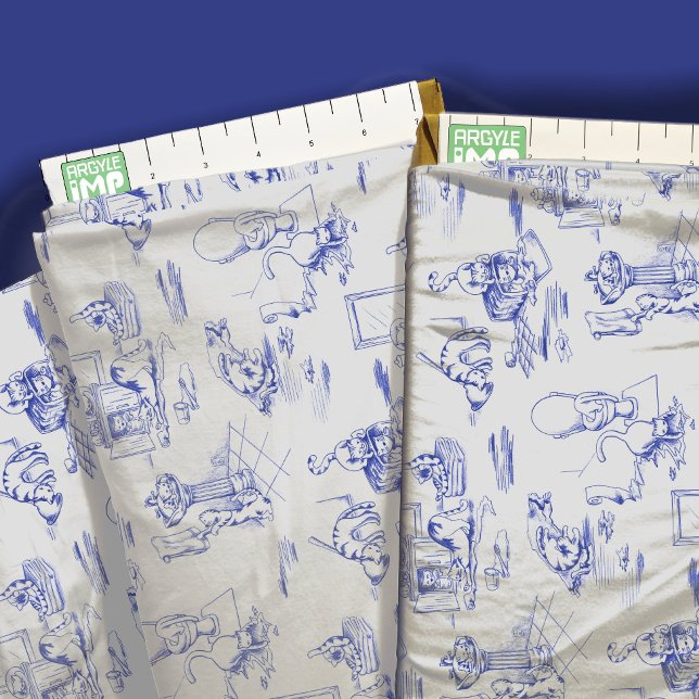 Blue Willow Kitty Cat Bathroom Toile Fabric (close-up with ruler)