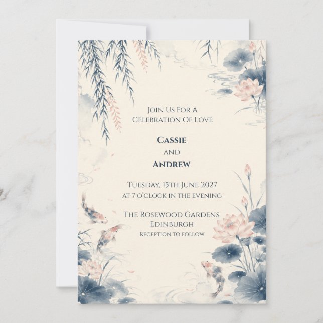 Blue Willow Lotus Wedding Invitation (Front)
