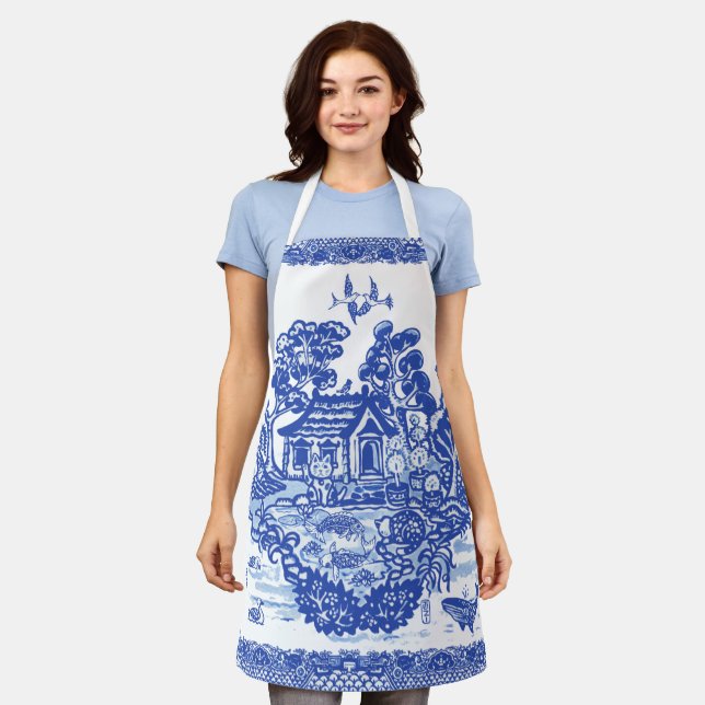 Blue Willow Lucky Cat Island Whimsical Oriental Apron (Worn)
