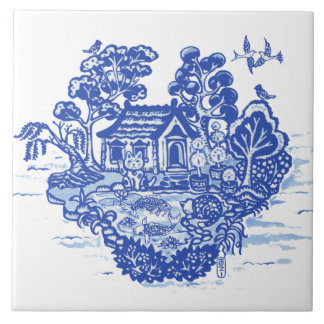 Blue Willow Lucky Cat Koi Pond Antique Fantasy Tile