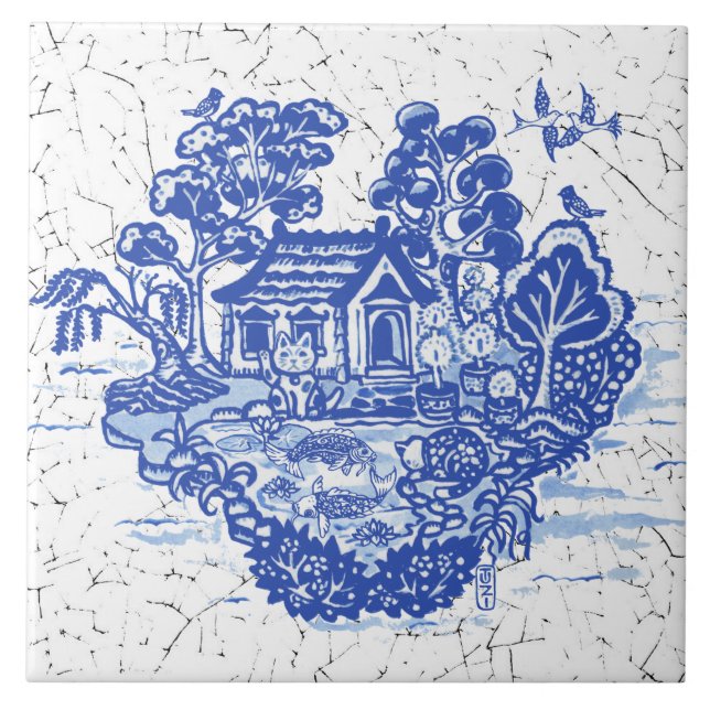 Blue Willow Lucky Cat Koi Pond Antique Fantasy Tile (Front)