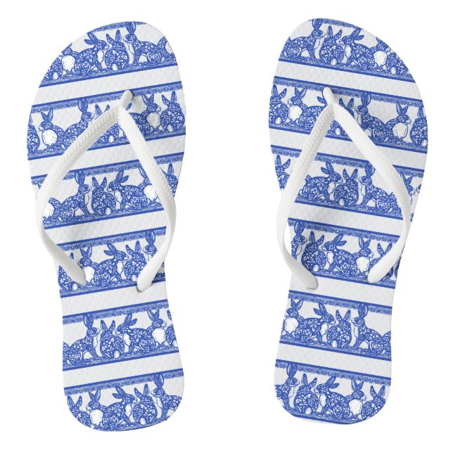 Blue Willow Oriental Rabbit Floral Stripe Pattern Jandals (Footbed)
