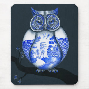 Blue Willow Owl Mouse Pad