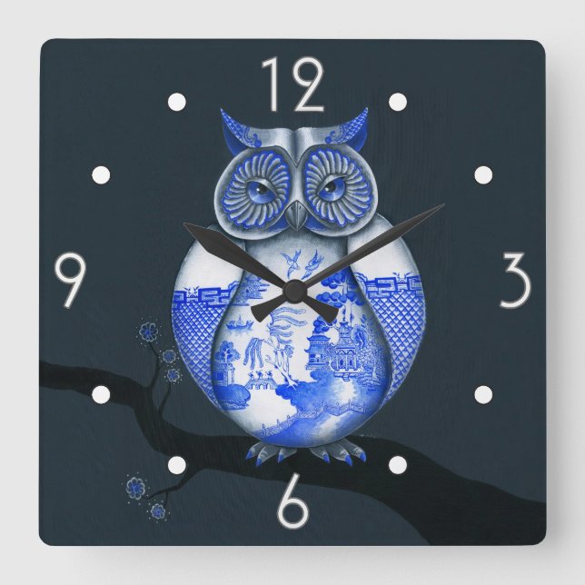 Blue Willow Owl Wall Clock (Front)
