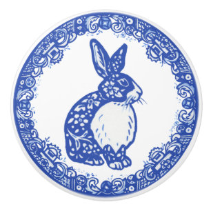 Blue Willow Pattern Rabbit Bunny Cute Faces Right Ceramic Knob