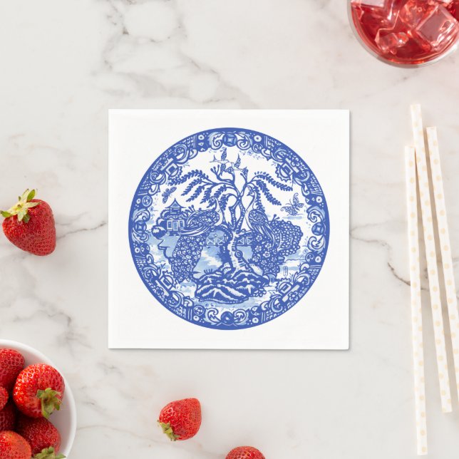 Blue Willow Peacock Island Asian Temple Garden Art Napkin (Insitu)