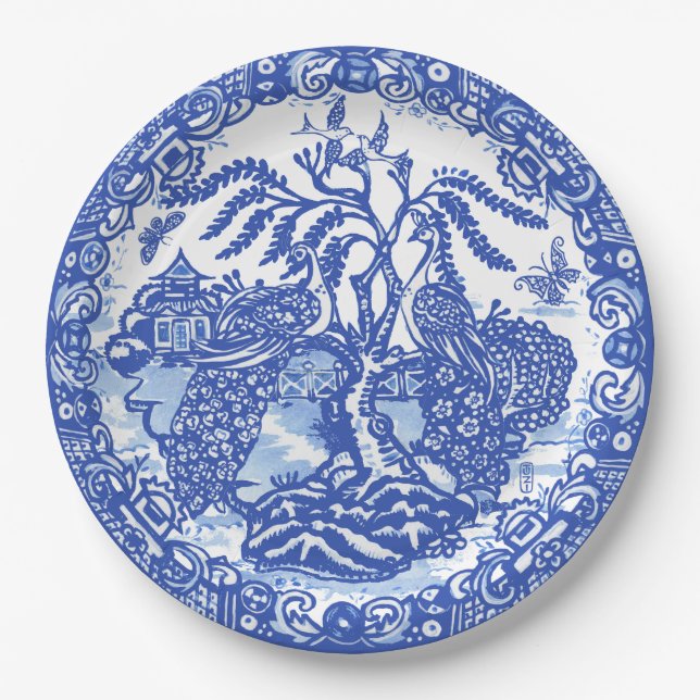 Blue Willow Peacock Island Asian Temple Garden Art Paper Plate (Front)
