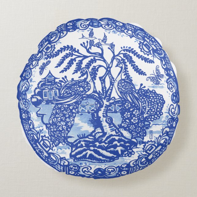 Blue Willow Peacock Island Asian Temple Garden Art Round Cushion (Front)