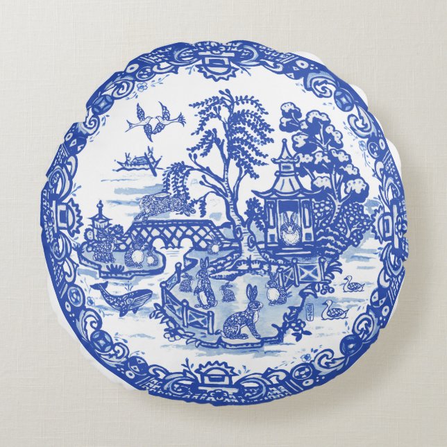 Blue Willow Rabbit Island Antique Fantasy Art Round Cushion (Front)