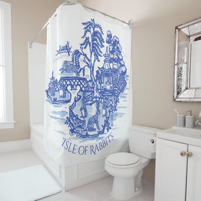 Blue Willow Rabbit Island Whimsical Chinoiserie  Shower Curtain (In Situ)