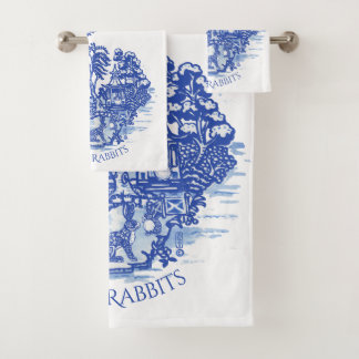Blue Willow Rabbit Island Whimsical Pottery Look Bath Towel Set