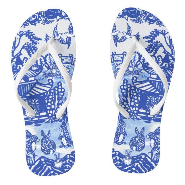 Blue Willow Rabbit Oriental Garden Whimsical Bunny Jandals (Footbed)