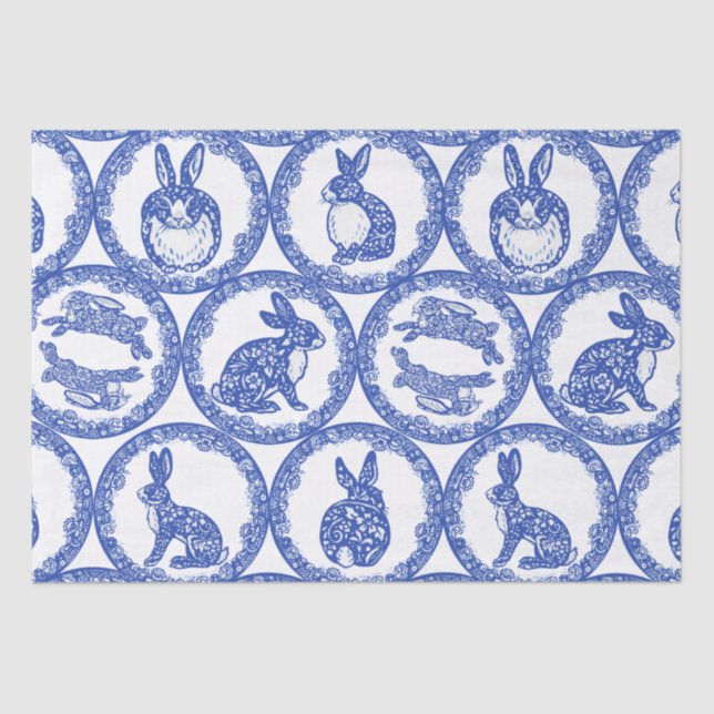 Blue Willow Rabbit Whimsical Isle of Rabbits Wrapp Tissue Paper (Front)