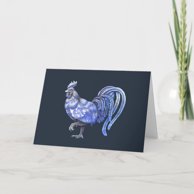 Blue Willow Rooster Greeting Card (Front)