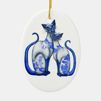 Blue Willow Siamese Cats Ceramic Tree Decoration