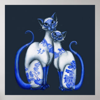 Blue Willow Siamese Cats Poster