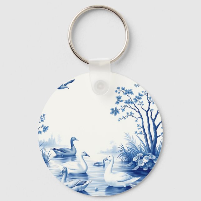 Blue Willow Swans Lake Scene Key Ring (Front)