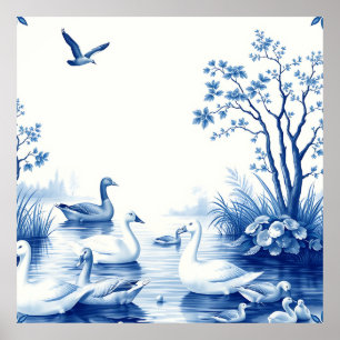 Blue Willow Swans Lake Scene Poster
