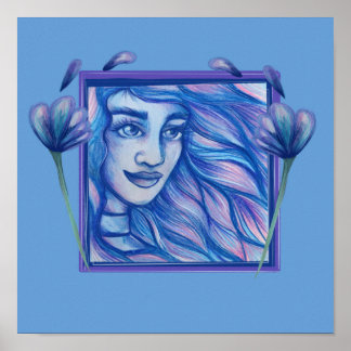 Blue Wind Goddess Floral Goddesses Windy Art Poster