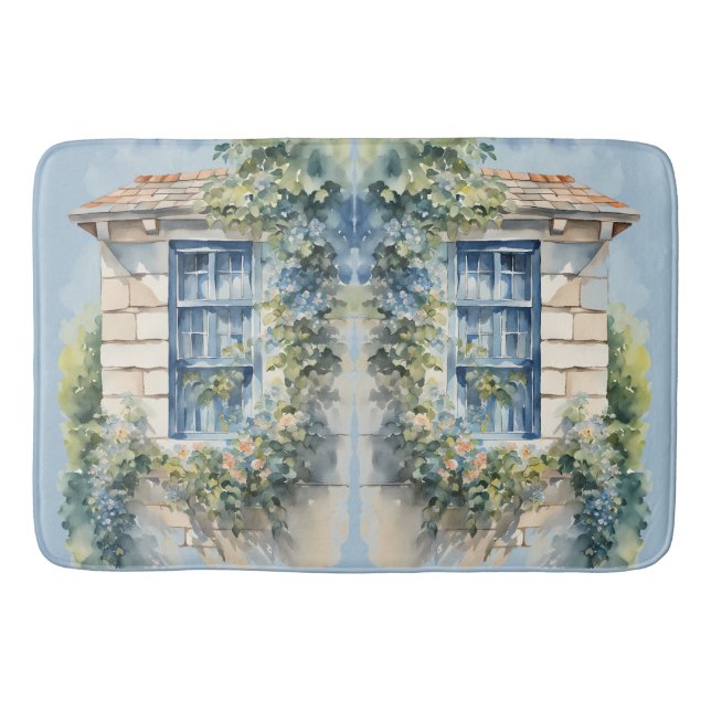 Blue Window Stone Wall Cottage Vines Bath Mat (Front)