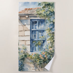 Blue Window Stone Wall Cottage Vines Beach Towel
