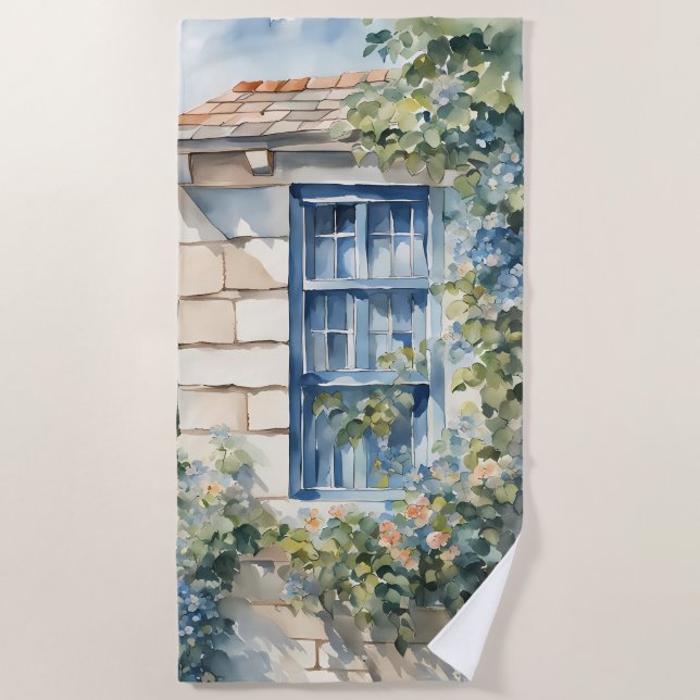 Blue Window Stone Wall Cottage Vines Beach Towel (Front)