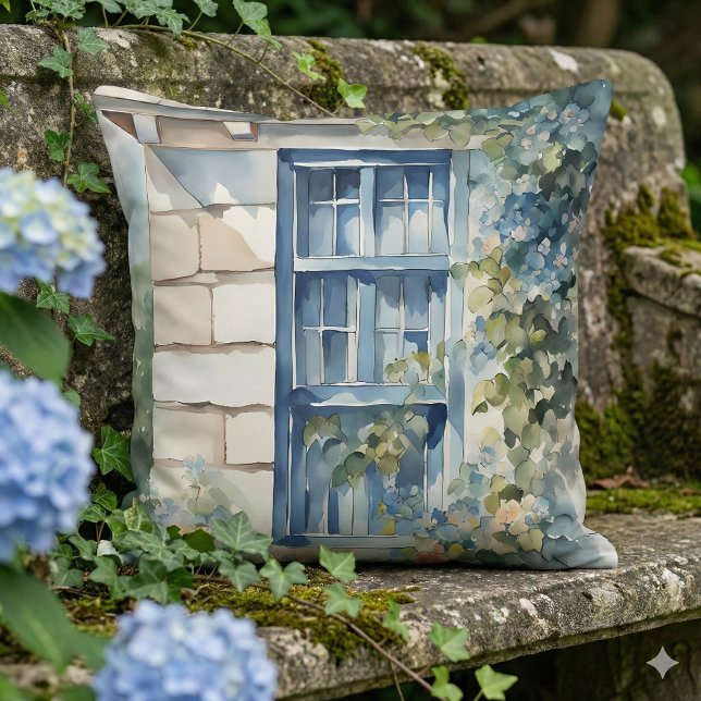 Blue Window Stone Wall Cottage Vines Cushion (Blue Window Stone Wall Cottage Vines Throw Pillow Mockup C)