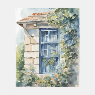 Blue Window Stone Wall Cottage Vines Fleece Blanket