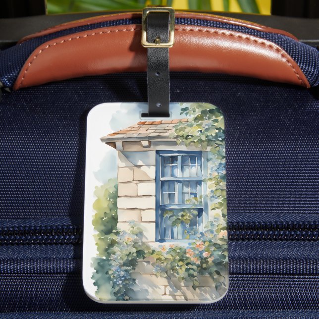 Blue Window Stone Wall Cottage Vines Luggage Tag (Front Insitu 2)