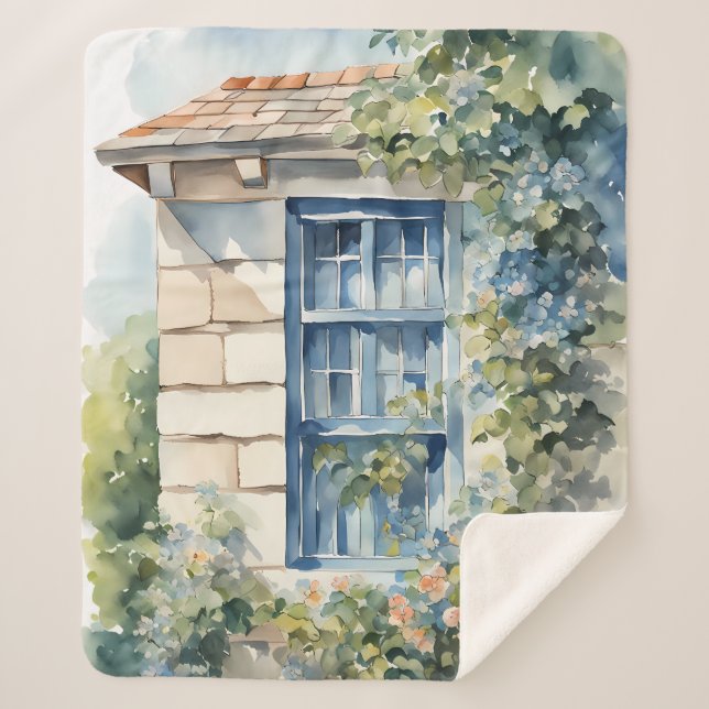Blue Window Stone Wall Cottage Vines Sherpa Blanket (Front)