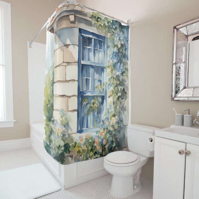 Blue Window Stone Wall Cottage Vines Shower Curtain (In Situ)