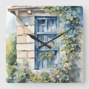 Blue Window Stone Wall Cottage Vines Square Wall Clock